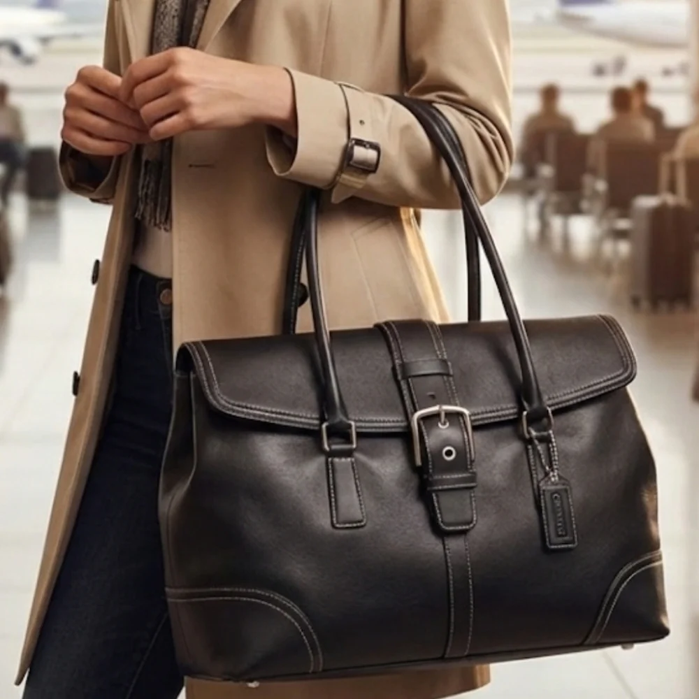 Coach Black Leather Travel Tote Bag with Buckle Strap